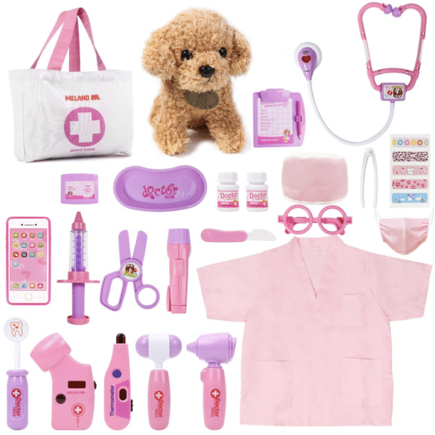 Meland Toy Doctor Kit for Girls, Pretend Play Toy Doctor Set with Dog , Carrying Bag, Stethoscope & Dress Up Costume Gift for Kids Toddlers Ages 3 4 5 6 Year Old for Role Play