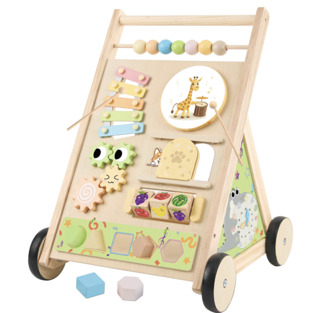 Wooden Baby Walker with Wheels Push Walker for Babies 6-12 Months Toddlers Montessori Walking Toys for 1 Year Old Learning to Walk Activity Center for 12-18 Months Boys Girls Gifts Color Sorting Toys