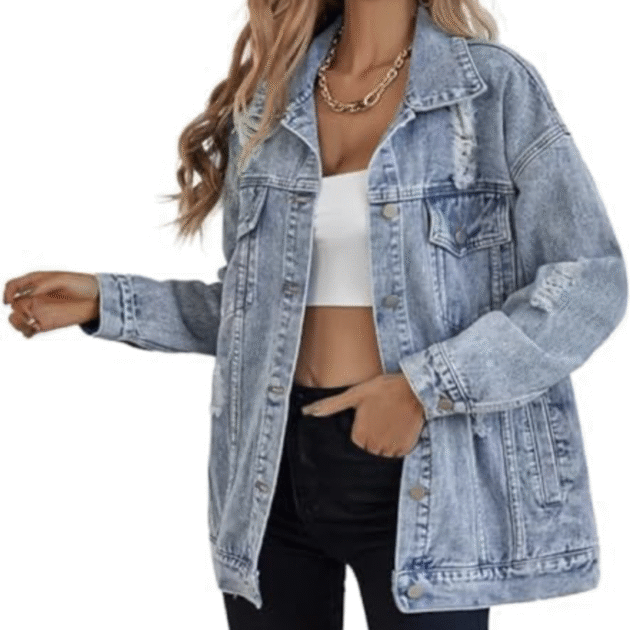 LifeShe Women's long oversized denim jacket boyfriend ripped distressed jean jackets coat