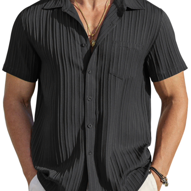COOFANDY Men's Casual Button Down Shirts Short Sleeve Textured Summer Beach Shirt with Pocket