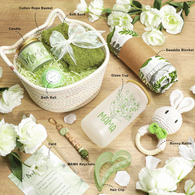 Elysirise New Mom Gifts,Baby Girl Boy Gift,Baby Shower Gifts for Mom and Baby,Pregnancy Gift for Expecting Mommy,9-Piece Care Basket for First-Time Moms